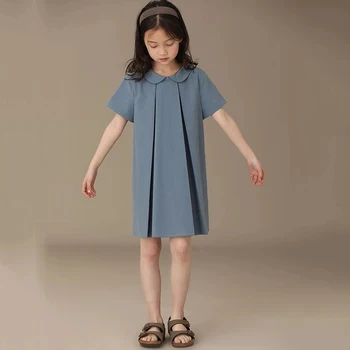 MODX 2023 Лято нови момичета плисиран дизайн рокля деца сладък кукла яка A- линия рокли детски модни дрехи, #7462