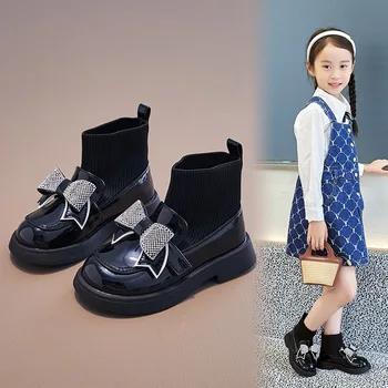 Girls Sock Boots Bow Rhinestones Универсална кука & Loop Glossy 2023 Пролетни боти до глезена Детски кожени обувки Детски модни обувки