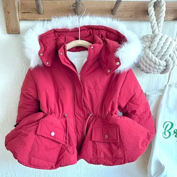 Паркас Зима Нова корейска голяма кожена яка Детски памучни дрехи Прекрасна цветна пъпка Качулка Бебешко палто топло замърсено