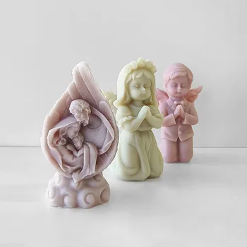 3D молитва ангел силиконови форми семейство мухъл момичета момчета с крила молитва ароматерапия свещ мухъл DIY мухъл