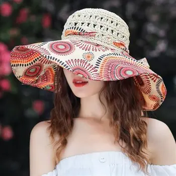 Слънчеви шапки за жени Лятна шапка за сенник Корейска антиултравиолетова голяма плажна шапка Шапка за слънце Празник за свободното време Сгъваема сламена шапка