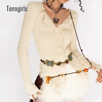 Tonngirls есен жена американски реколта Gyaru Baddie стил жилетка пискюли тънък пуловер дълъг ръкав трикотаж 2000s естетика