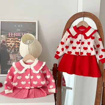 1-7 години пролет есен момичета облекло комплект ревера дизайн сладък сърце модел плета риза + пола 2бр пуловер облекло за деца