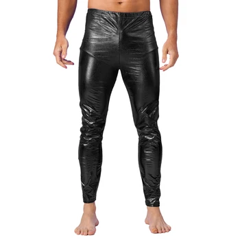 Мъжки металик лъскав кльощава панталони твърди ластик ниска талия прав Bodycon панталони Хелоуин танц гамаши за нощен клуб карнавали